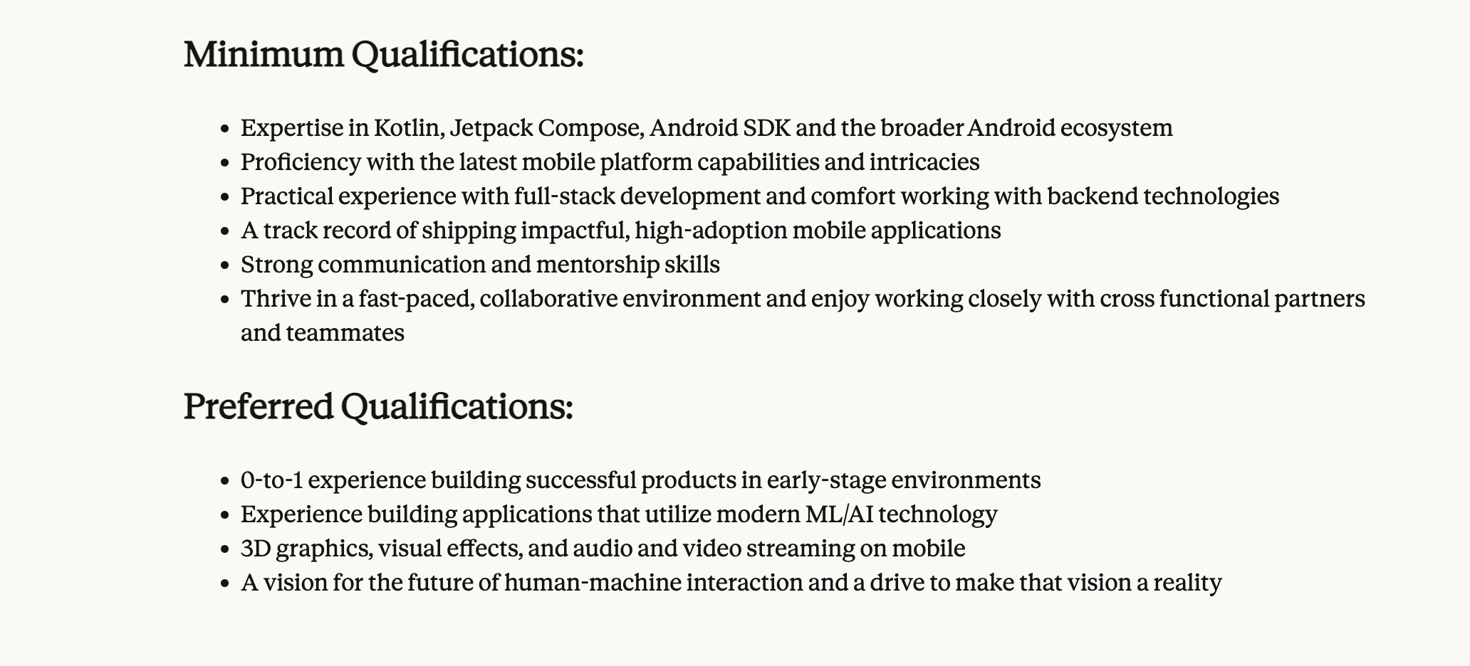 Anthropic job listing for Staff Software Engineer, Android, requiring expertise in Kotlin, Jetpack Compose and the Android SDK