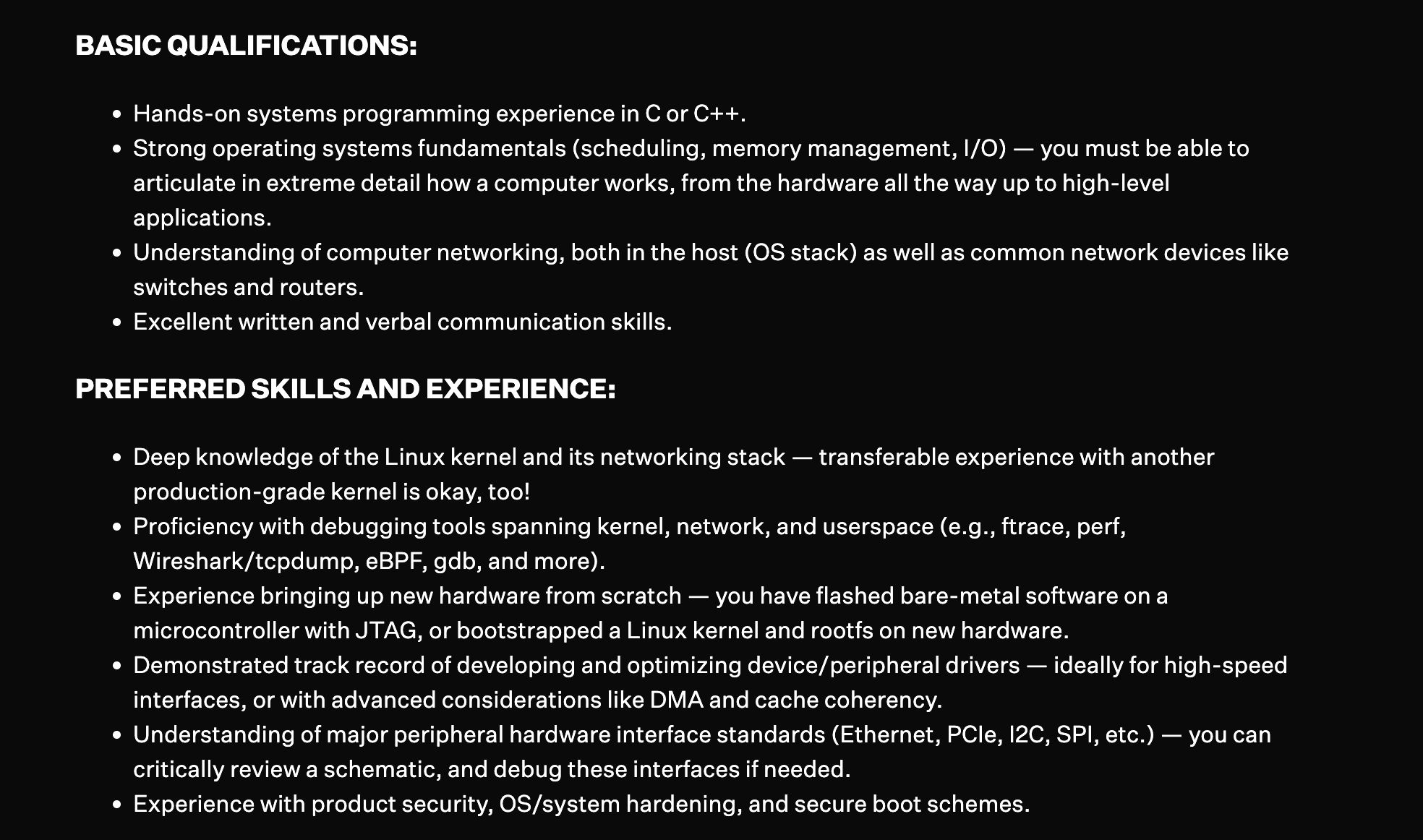 xAI job listing for Software Engineer, Linux Kernel, requiring hands-on systems programming experience in C or C++