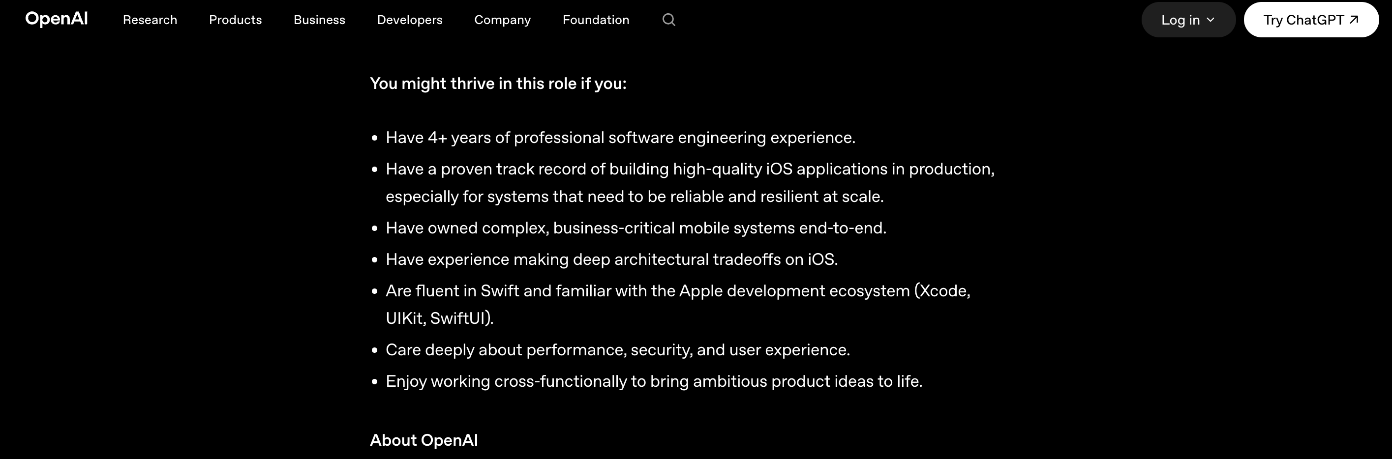 OpenAI job listing for iOS Engineer, Applied Foundations, listing Swift and the Apple development ecosystem under requirements